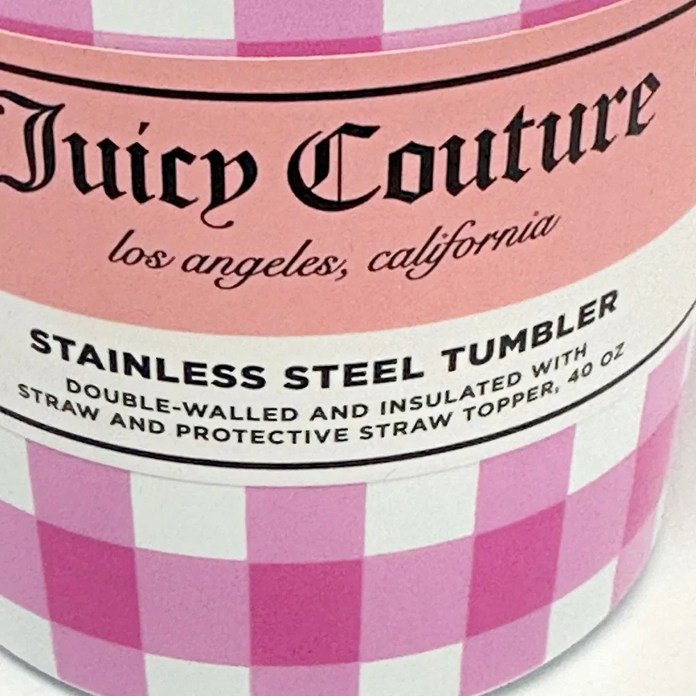 Juicy Couture Pink Gingham Cherry 40oz Tumbler w Handle Straw Stainless Steel